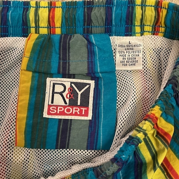 R & Y SPORT men’s Lg swim trunks, circus, stripes, teals, yellow, red , & brown - Picture 8 of 8